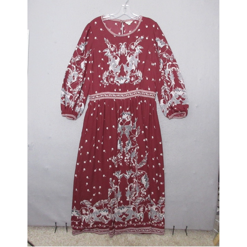 Max Studio London Dress XL Burgundy Floral Maxi Cottage Core Boho Peasant Flowy